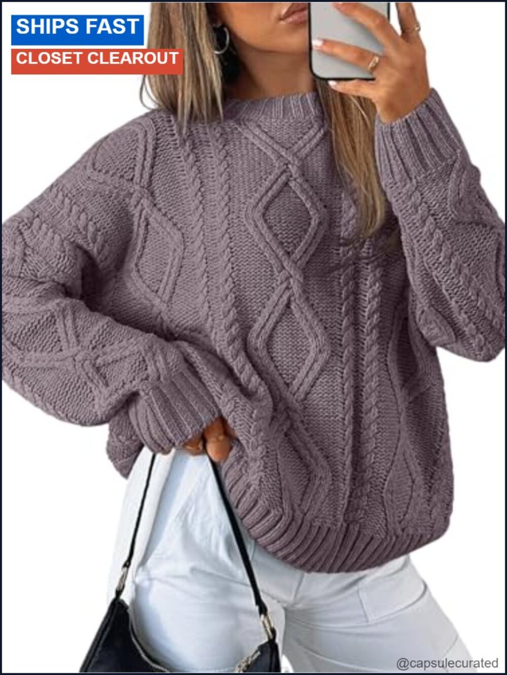Oversized Cable Knit Sweater Pullover Crew Neck Long Sleeve Cotton Blend